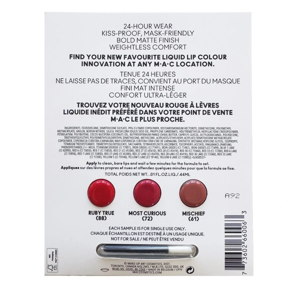 FREE💝 MAC Cosmetics Locked Kiss Ink 24HR Lip Color 3 SHADE SAMPLE CARD